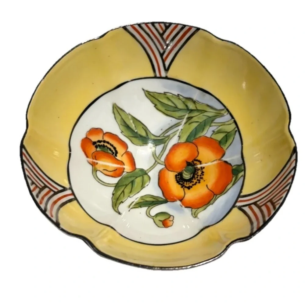 Vintage Noritake Hand Painted Footed‎ Nut Bowl Orange Poppy Floral Japan 5